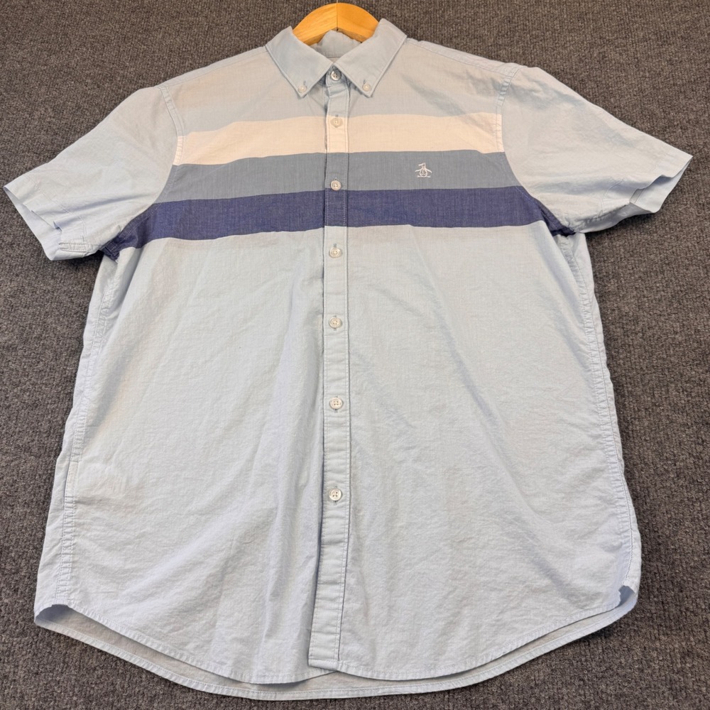 Original Penguin Button Down Mens Large Blue Striped Short Sleeve Shirt EXCL